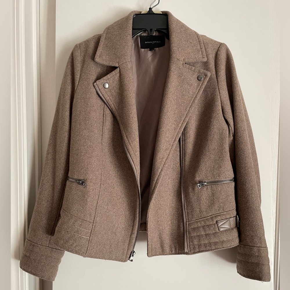 Banana Republic Wool Removable Faux Fur Trim Cropped Jacket Natural Tan